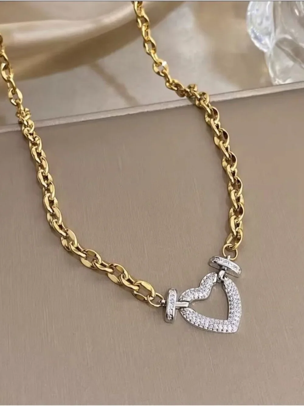 Gold-Tone Chain Necklace with Crystal Heart Pendant